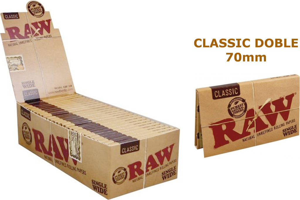 Feuilles à rouler double Raw Classic Wide Short (70 mm) - Boîte de 25 carnets